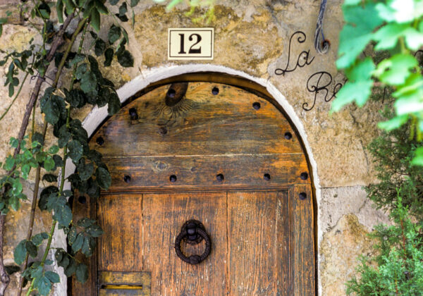 Wooden door with aged hardware including a black door knocker, numbered 12 above with green vines on the walls to either side.